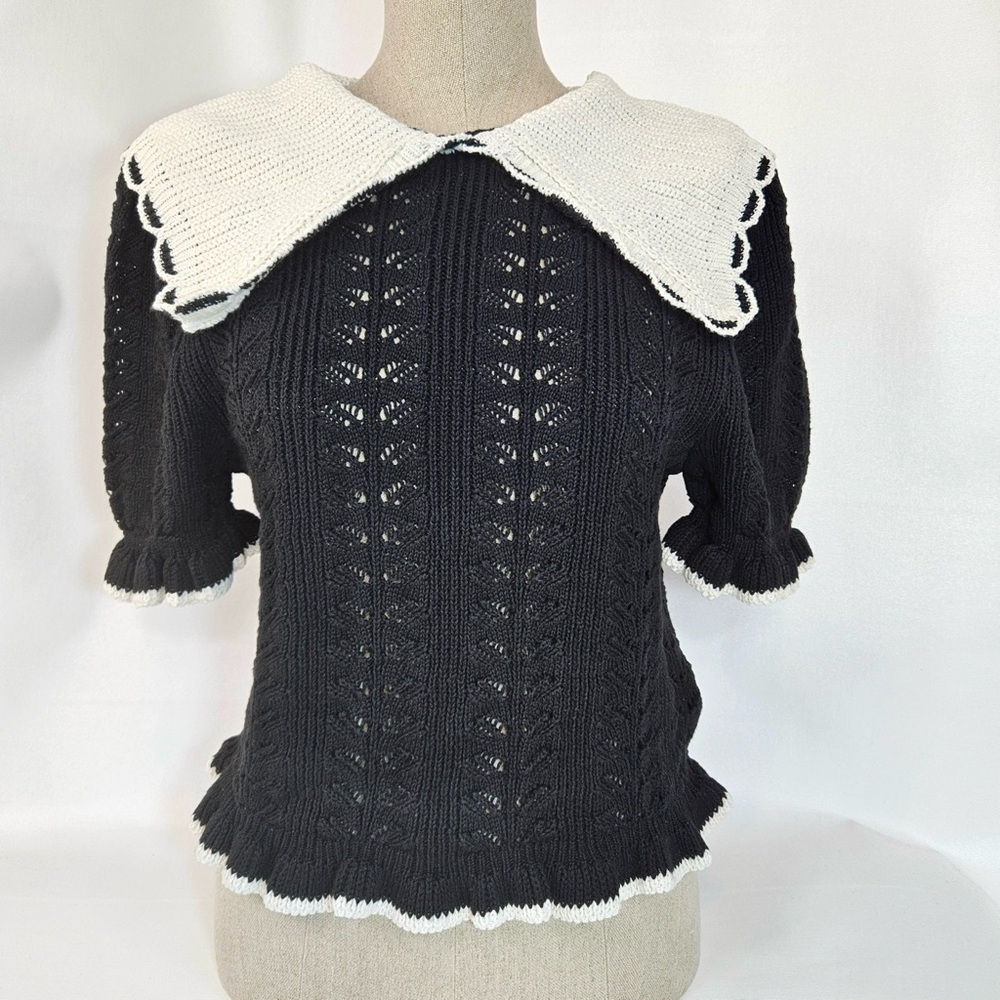 H&M DIVIDED Knit Crochet Blouse Top Short Sleeve Black/White Doll Women’s Size S